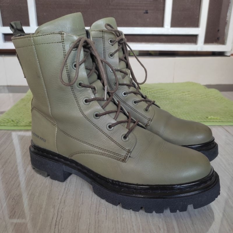G-Star Raw Kafey Lace Up Zipper Mid Boots Green Leather Authentic Original Size 38 Insole 24 Cm