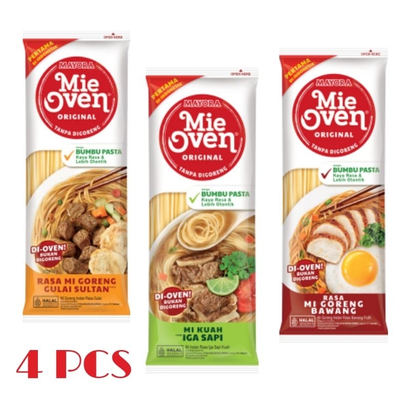 

4 PCS MAYORA - MIE OVEN Mi Kuah Iga Sapi / Mi Goreng Bawang / Mi Goreng Gulai Sultan (78 g)