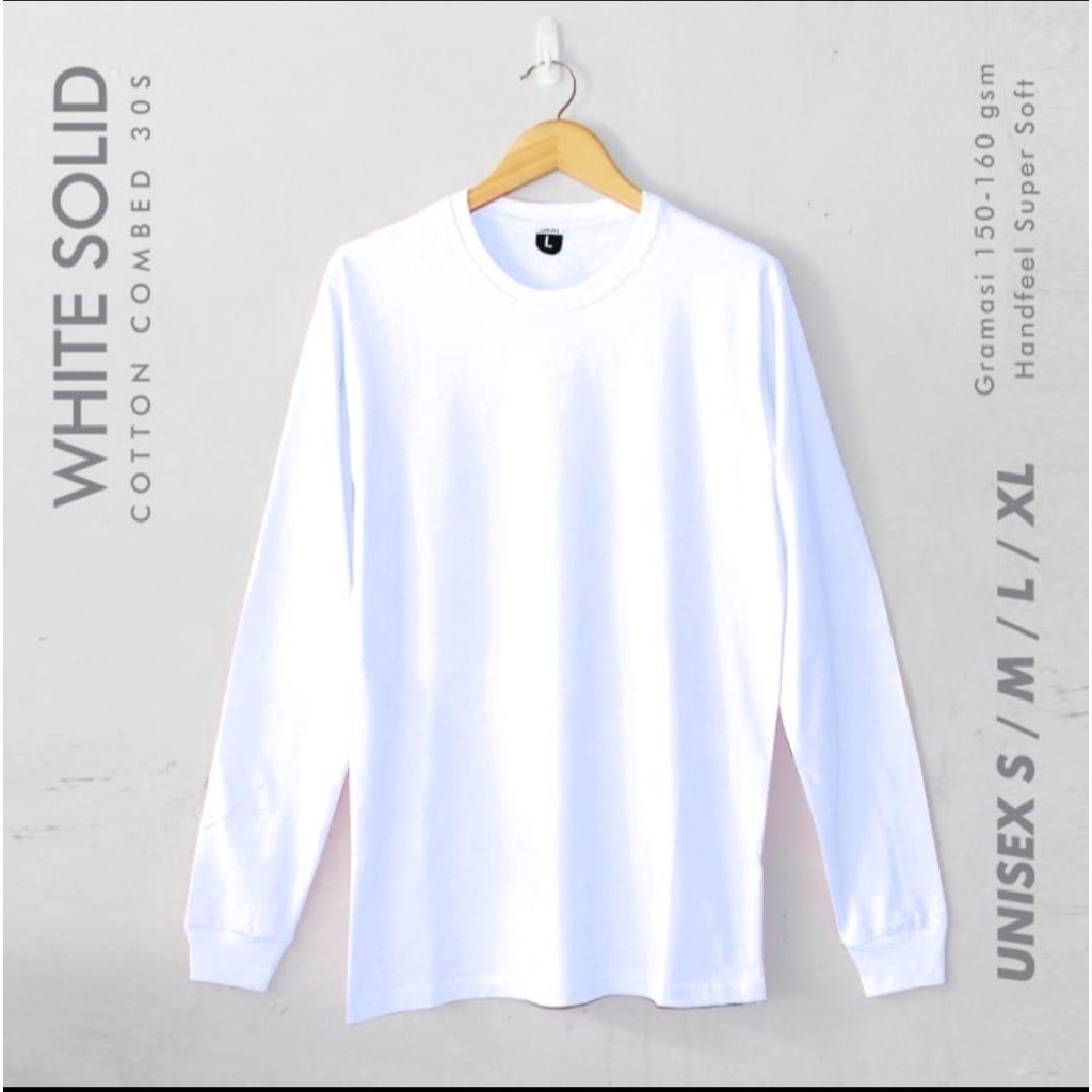 Kaos Polos Lengan Panjang Rib Karet Warna Putih Pria Wanita Cotton Combed 3s S M L XL