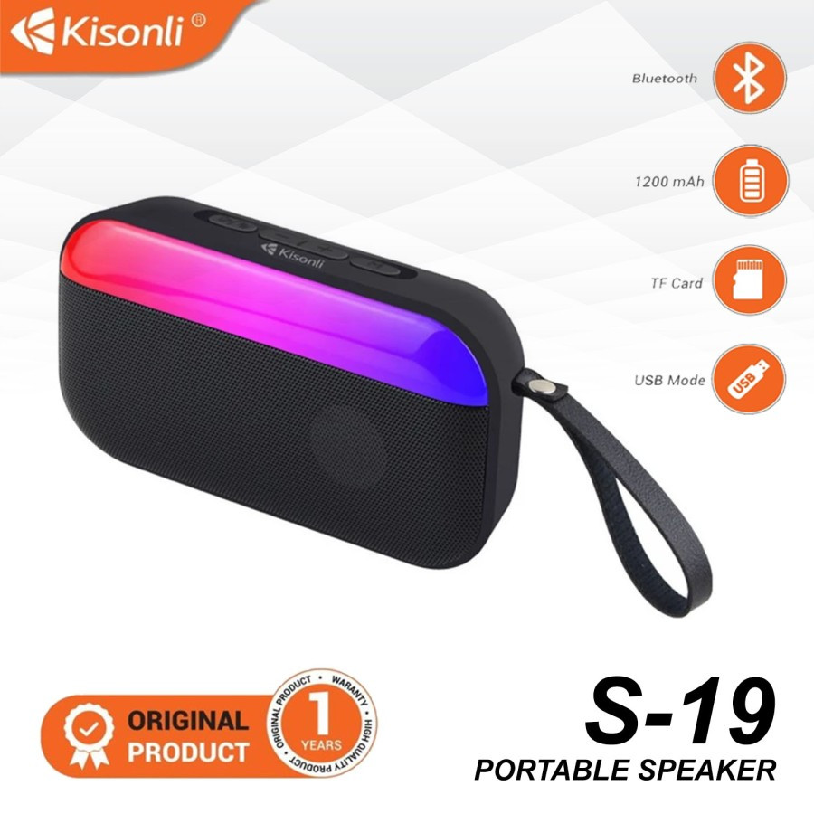 Speaker Bluetooth KISONLI S19 Wireless Slim Fit RGB Light Colorful Deep Bass Por