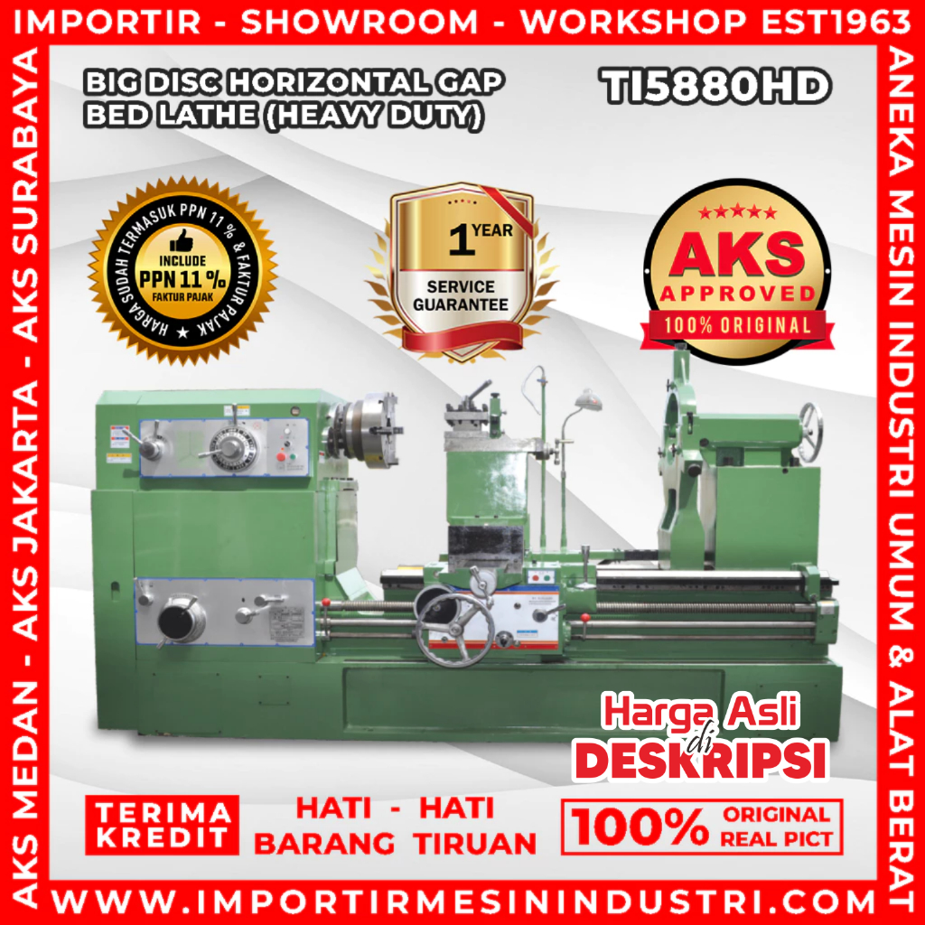 Mesin Bubut Besi Logam 145x200cm Horizontal Gap Bed Lathe TI5880HD