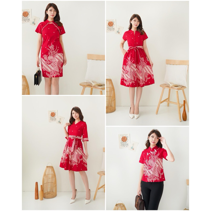 Batik Couple Mini Dress Cheongsam Edisi Imlek Warna Merah Bahan Katun Stretch, Couple Set FJ#
