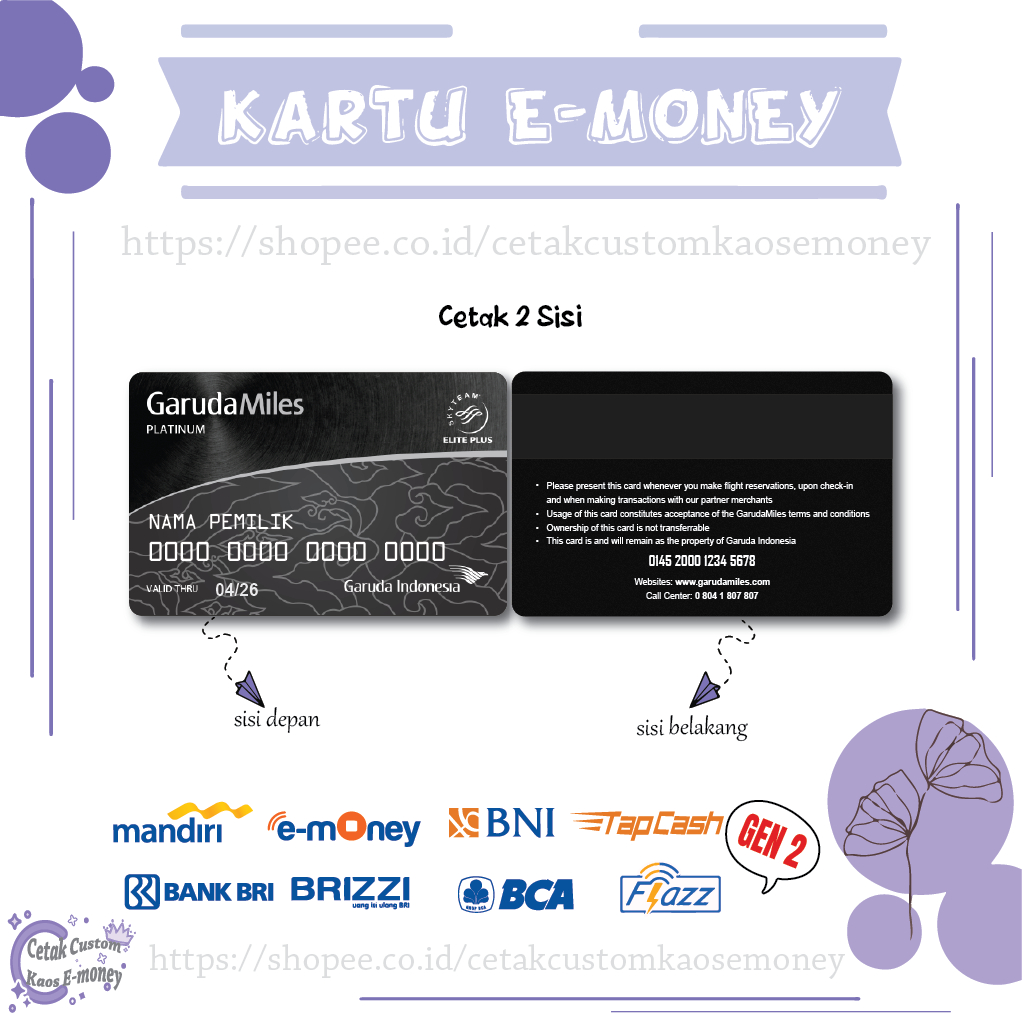 KARTU E MONEY E TOLL CARD GARUDAMILES BLACK CARD MANDIRI EMONEY BNI BRI BCA - 2 SISI
