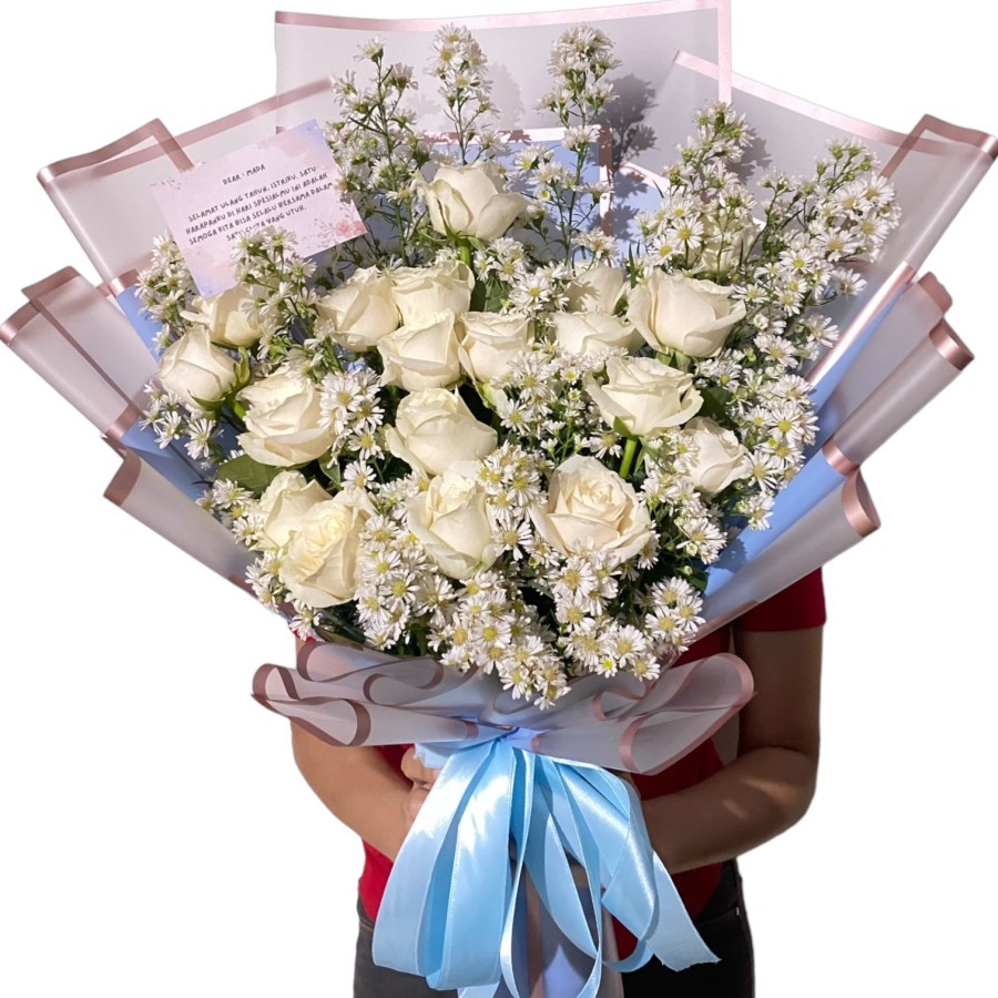 Buket Bunga Mawar Putih Asli, Buket Bunga Segar, Fresh Flowers Bouquet, Buket Pernikahan, Buket Anni