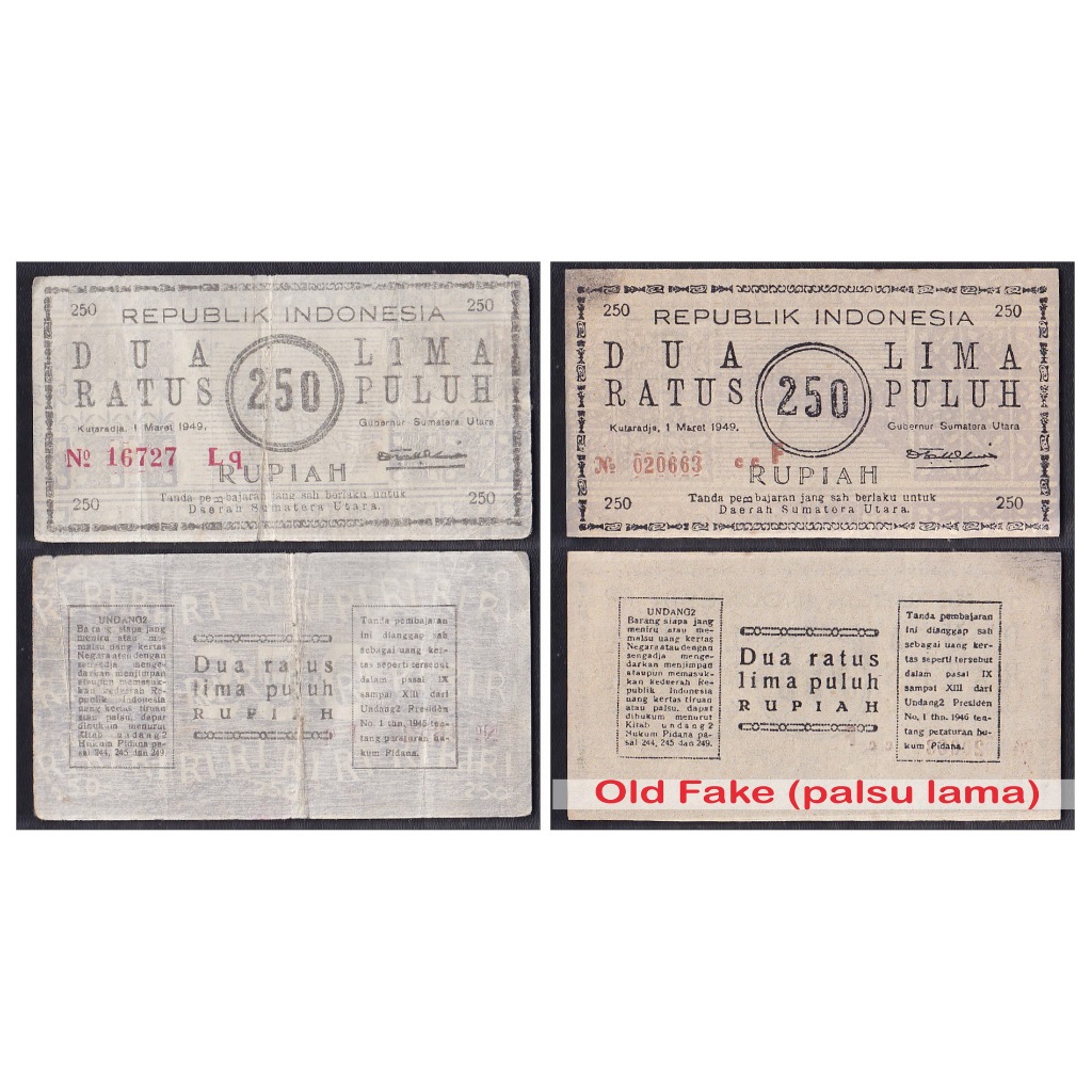 # paket 2 lembar (Asli & palsu lama/oldfake) - Uang kuno Orida Sumatera Utara 250 rupiah tahun 1949 