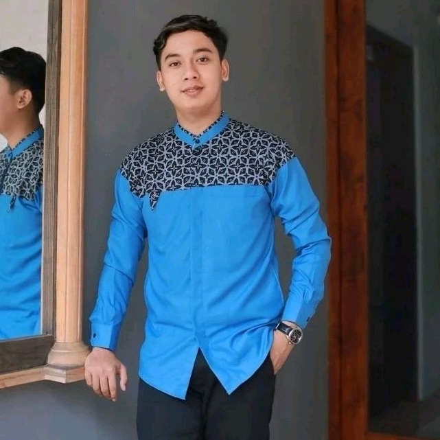 Kemeja Baju Koko Pria Dewasa Lengan Panjang Motif Arjuna Biru Langit Tosca Kombinasi Batik Katun Toy