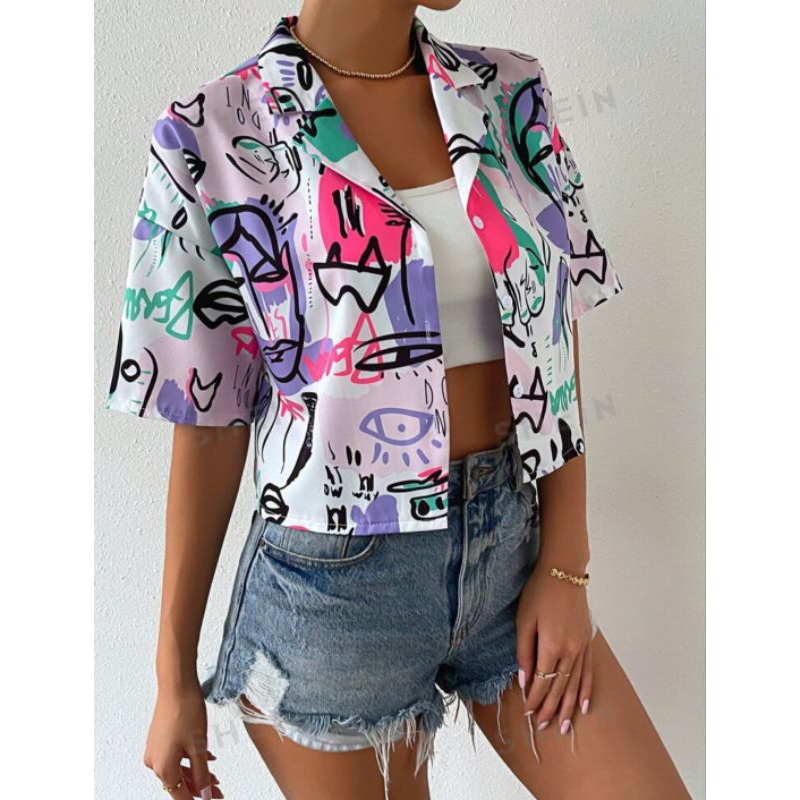 SHEIN ezwear Women's Short Sleeve Collar Drop Shoulder Crop Top Figure Graphic Button Down Shirts Bl
