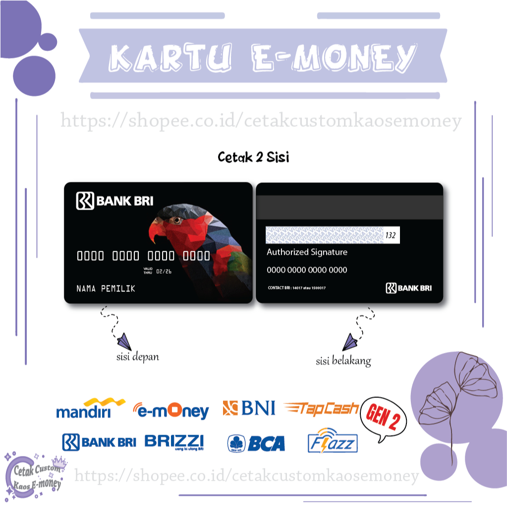 KARTU E MONEY E TOLL CARD BRI DESIGN BURUNG BLACK CARD EMONEY MANDIRI BNI BRI BCA - 2 SISI