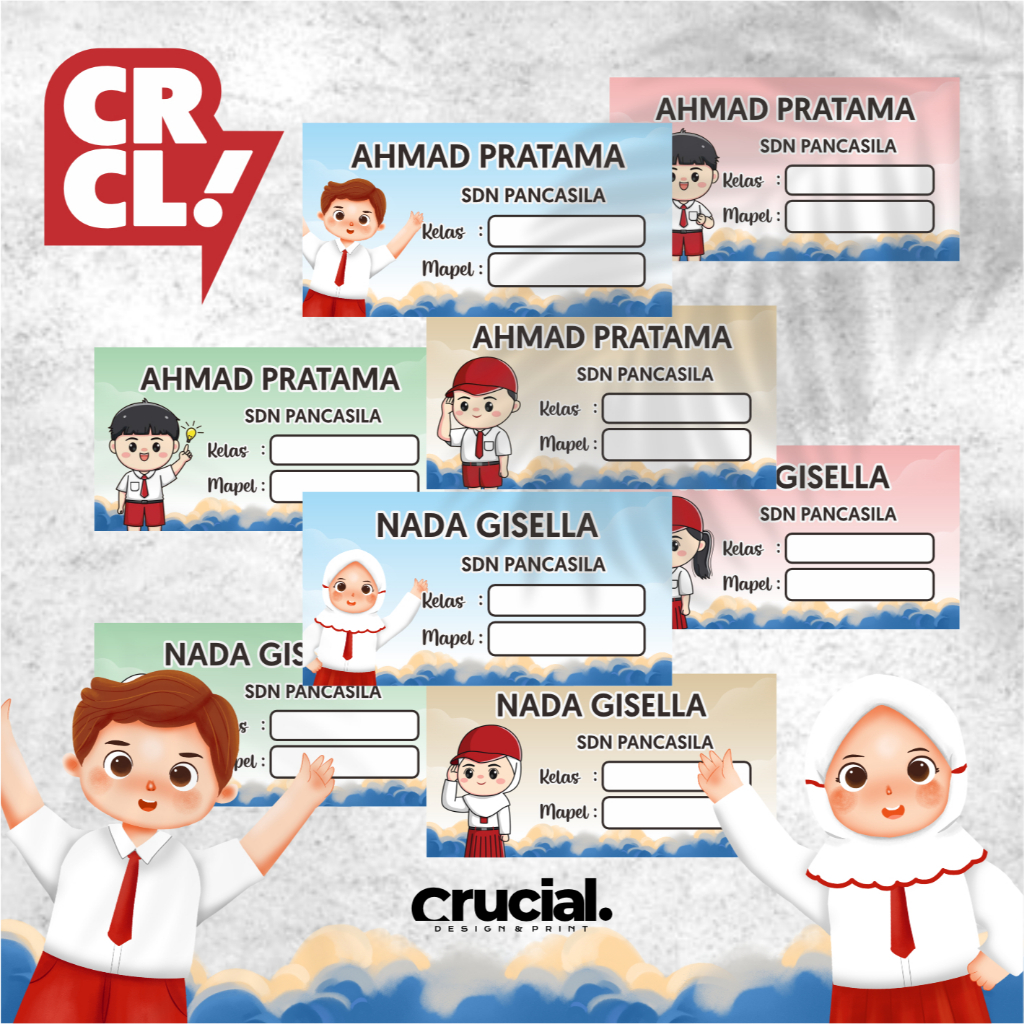 Sticker label buku pelajaran custom Nama + Sekolah Motif Anak SD Versi 2