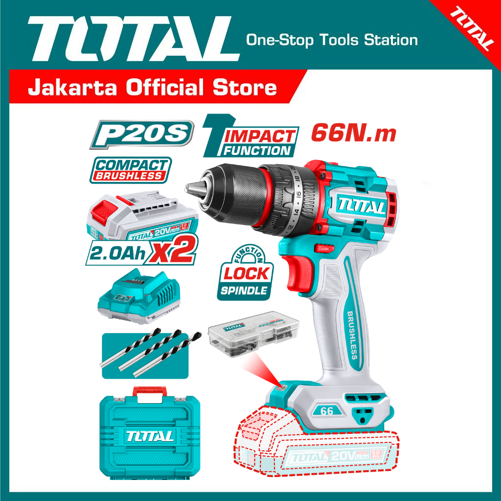 TOTAL Compact Brushless Cordless Impact Drill TIDLI20668 - Bor Impact 66N.m (Full set)