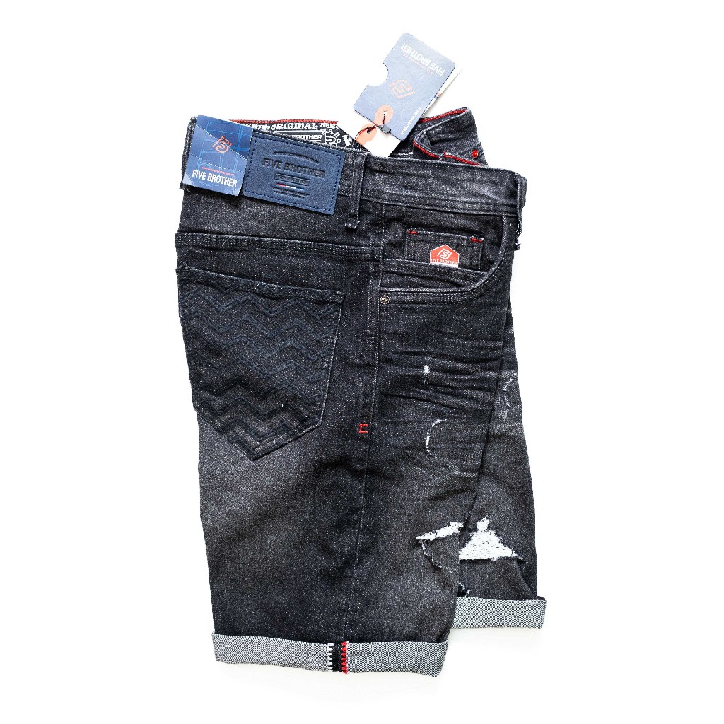 FIVE BROTHER Celana Jeans Pendek Pria Sobek Stretch Melar Original Wisker Ringkel Selvadge