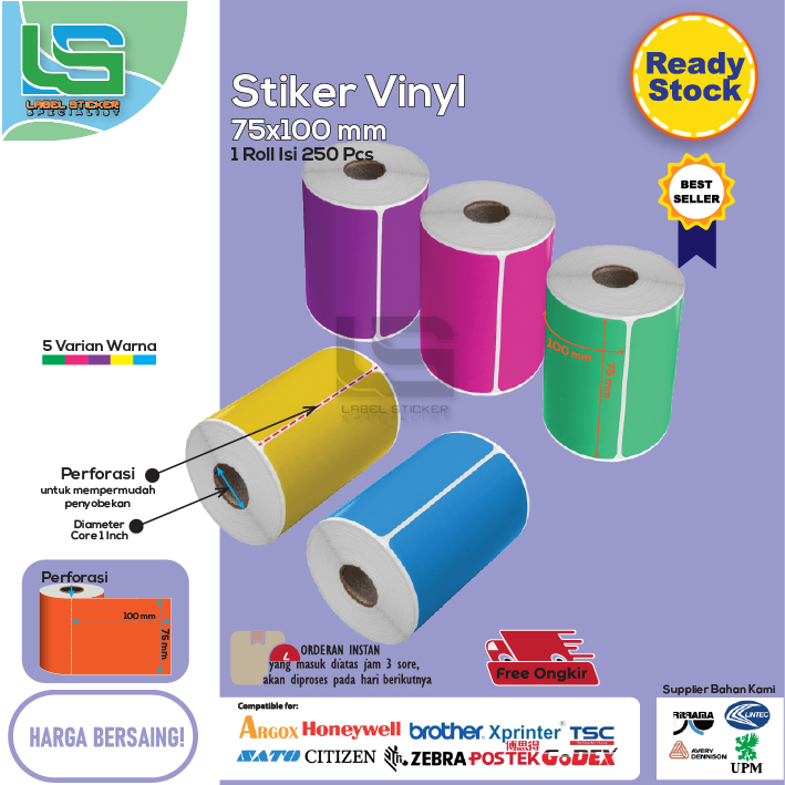 

LABEL STIKER VINYL 75X100 MM LABEL BARCODE LABEL PRINT RESI ANTI AIR 75X100 MM WARNA ISI 250 PCS