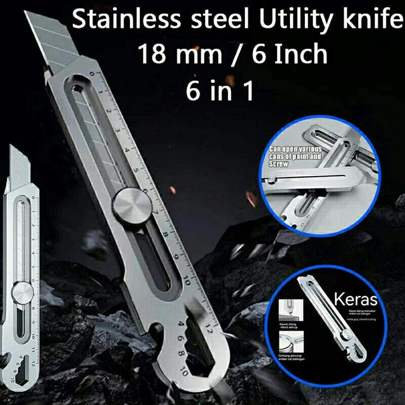 

PISAU KATER PISAU CUTTER BESAR STAINLESS STEEL 6 IN 1 PISAU PEMOTONG PENGGARIS PEMBUKA BOTOL PEMBUKA PENGUNCI BAUT PEMBUKA TUTUP KALENG ANTI KARAT PISAU KATER SERBAGUNA CUTTER KNIFE