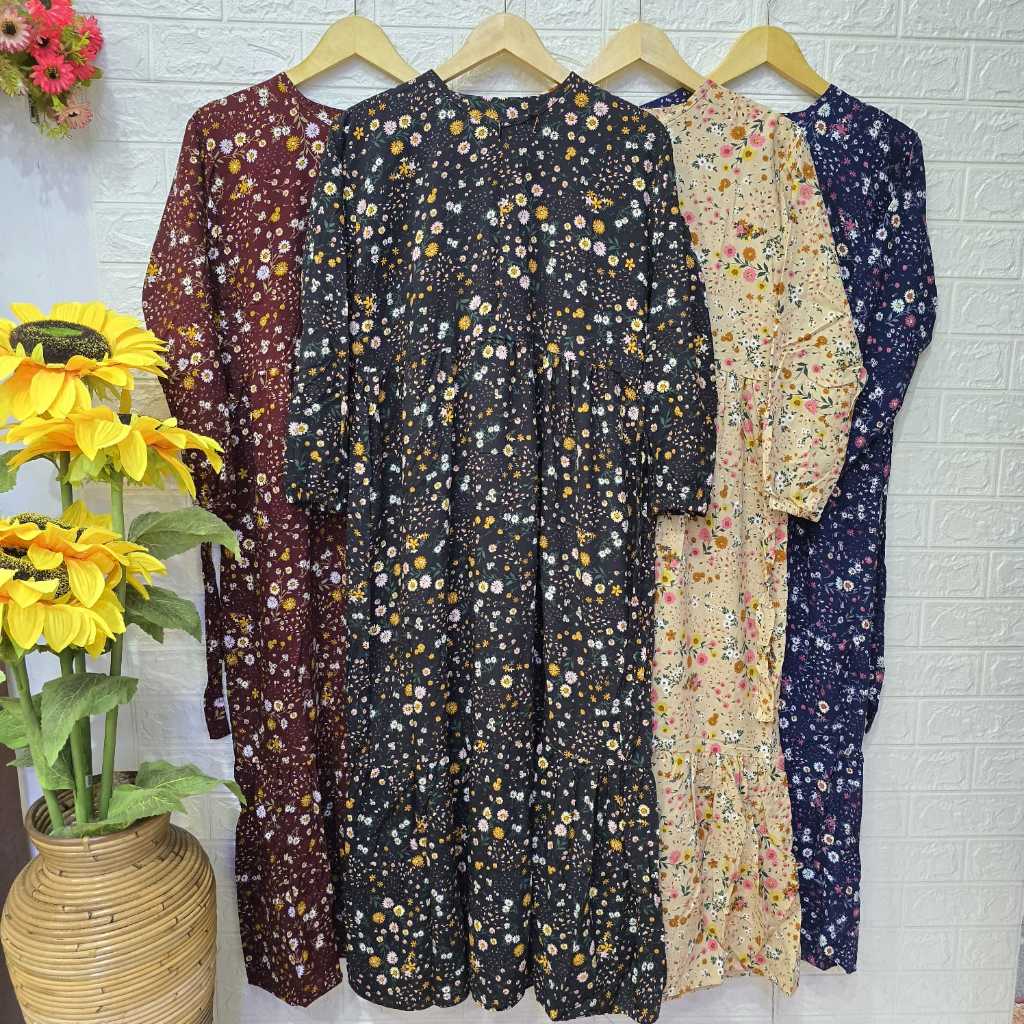 Midi Dress Rayon Twill Motif Bunga#3