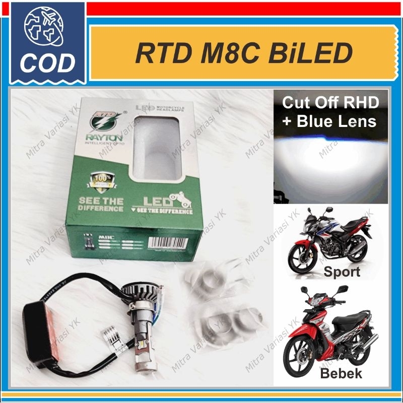 LAMPU UTAMA DEPAN RTD M8C MINI PROJI RASA BILED MOBIL MOTOR 35W BLUE LENS CUT OFF RHD H4 H6 H7 SUPER