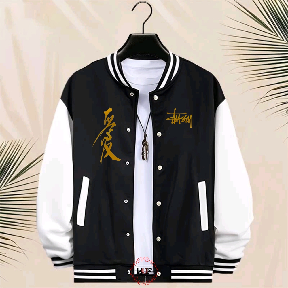 Haye Fashion - Unisex Jacket Baseball Kancing Stussy Text Jepang Gold Jacket Resleting Varsity