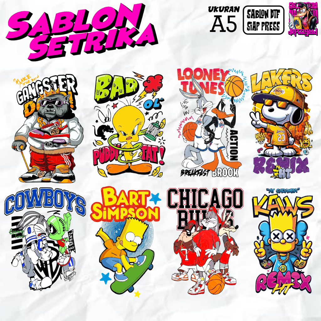 

STIKER DTF SABLON SETRIKA TEMA RANDOM NEW LOONEY BASKETBALL DLL LUCU KEREN TERBARU QUOTE PRINTING, SABLON PRINTING KING DTF INDONESIA