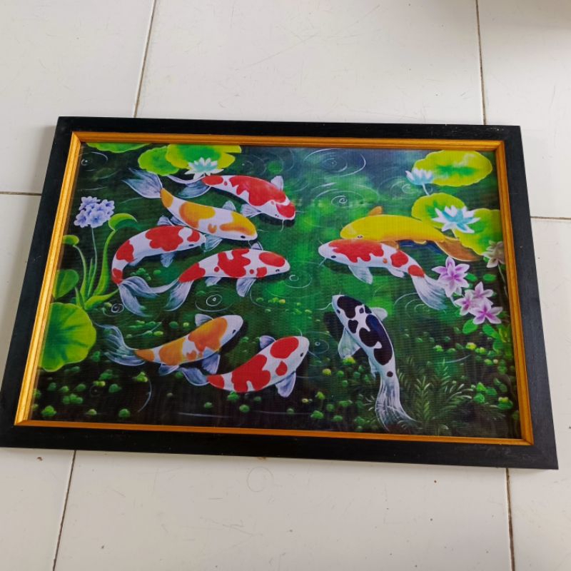hiasan dinding lukisan cetak ikan koi plus bingkai ukuran 53x35