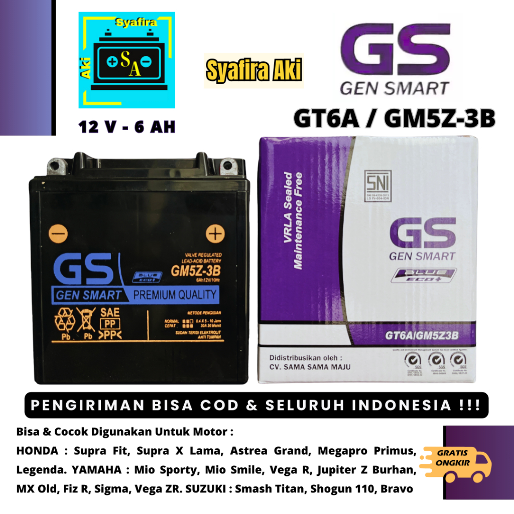 Aki Motor Supra X 100cc, Legenda, Jupiter MX OLD, Astrea GS GEN SMART GM5Z-3B MF