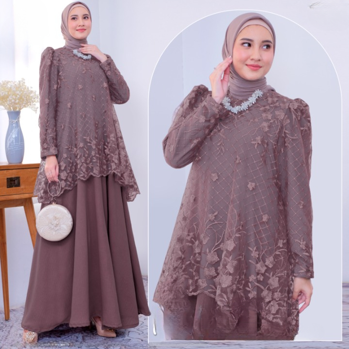 Gamis Pesta Mewah Elegan Nirina Maxy BO Bahan Kain Crinkle Airlflow Aplikasi Brukat Size M L XL XXL 