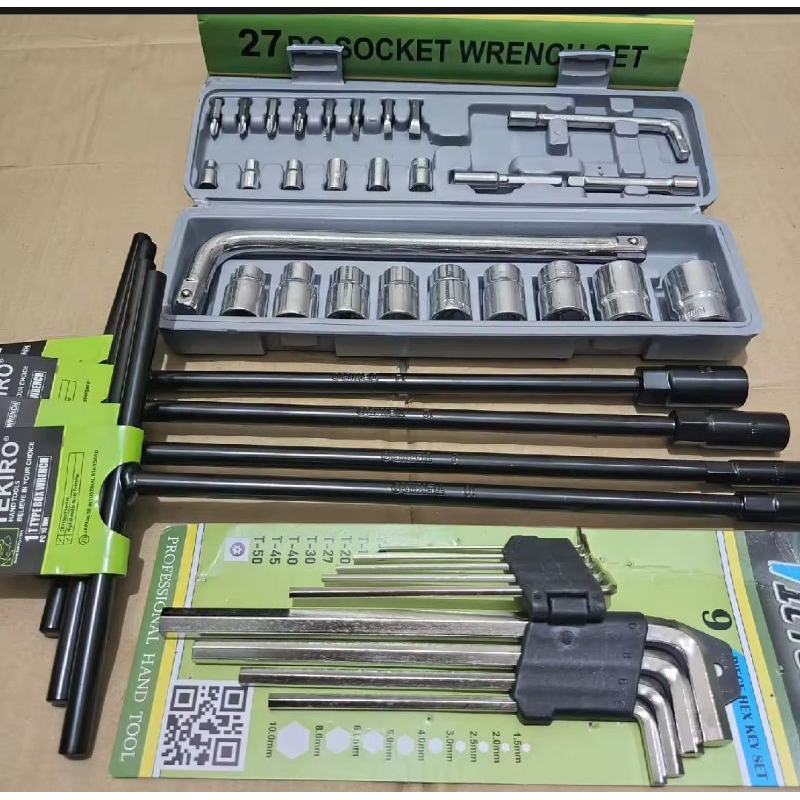 PAKET 3 SET  Kunci Pas / Shock / Sok 27 Pcs + Kunci T TEKIRO 8-10-12-14 mm + Kunci L Set 9 Pcs ( BAY