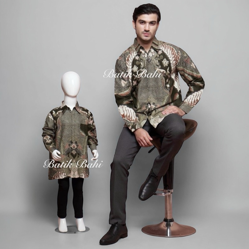 HIJAU LUMUT,Kemeja Batik Couple Ayah Anak Lengan Panjang Lapisan Furing Katun Hero Warna Hijau Lumut