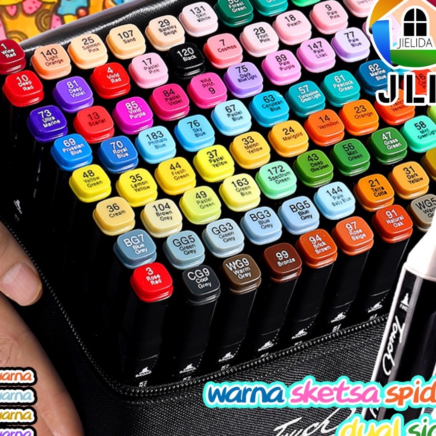 

KP8 JieLiDa Spidol Warna Stabilo Touch 24364868 Warna Dual Side Fine Art Brush Pen Sketsa Animation Markers Twin Market Set Spidol