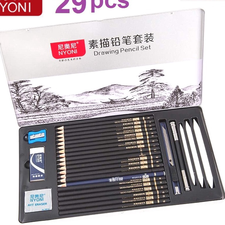 

Top Nyoni Drawing Pencil Gambar Set 29pcs Metal Tin Box Pensil Gambar Lukis Sketsa Lengkap