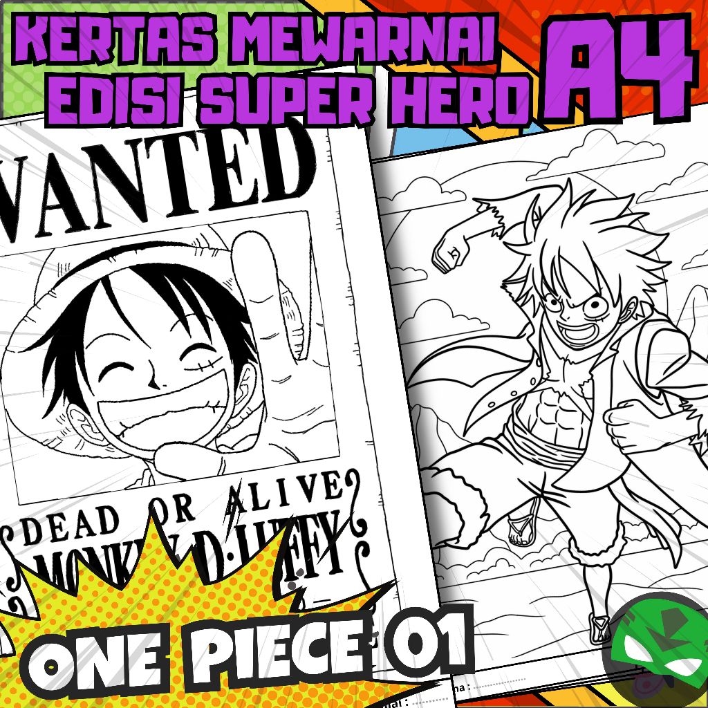 

MEDIA KERTAS KREATIFITAS MEWARNAI ANAK A4 DENGAN PRINT CETAK BUKAN COPY - MEDIA WARNA SUPER HERO - PART 16 - ONE PIECE - MAINAN CIKARANG