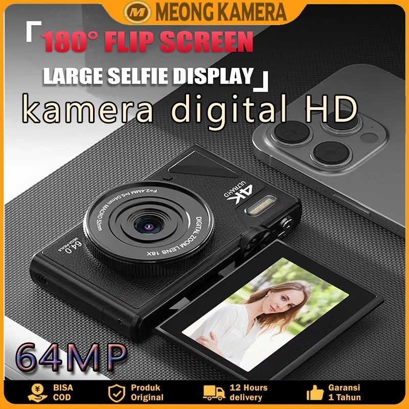 Meong Kamera digital 64mp, kamera blog video 4K, kamera flip depan dan belakang 3.0, zoom optik 18x,