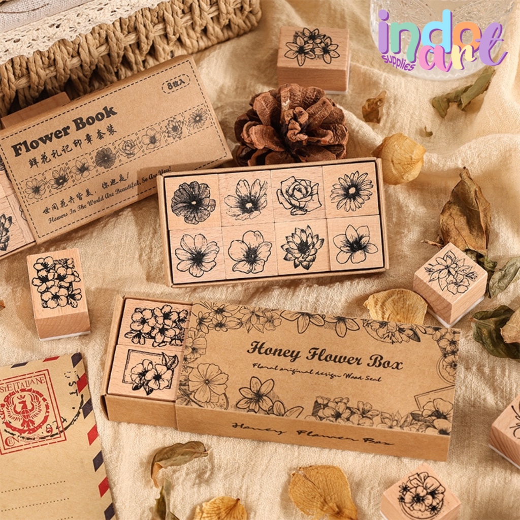 

(IAS) 8 pcs Wooden Stamp Stampel Kayu Retro Vintage Flower Book Set Honey