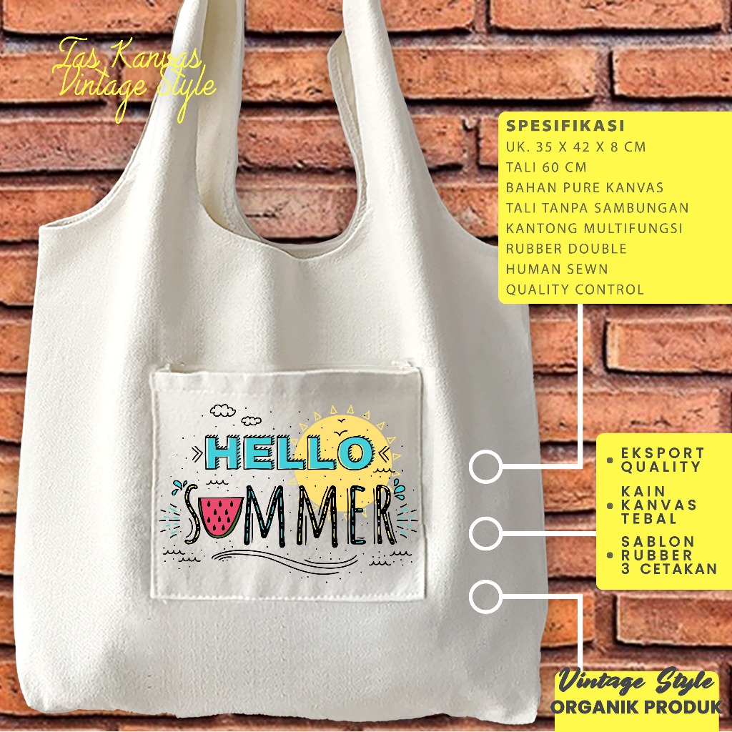 TOTE BAG VINTAGE HELLO SUMMER 2 BERBAHAN KANVAS UKURAN JUMBO  - TAS WANITA / TOTE BAG KANTONG