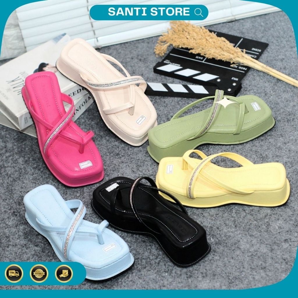 SANTI SHOES - WEDGES WANITA SENDAL JEPIT PLATFROM TINGGI 5CM BAHAN SINTETIS EMPUK VARIASI TALI PAYET