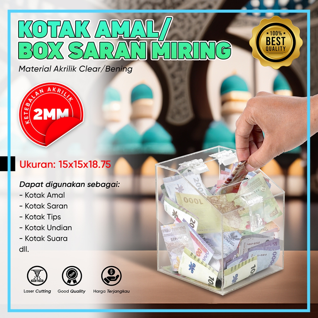 

Kotak Amal / Saran Akrilik Trapesium 15x15x18.75 cm