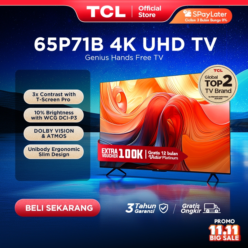 [4K Hands Free Google TV] TCL 65 Inch P71B - DLG 120Hz - T-Screen - HDR 10+ - Dolby Atmos/Vision - U