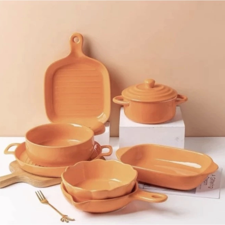 Dining Set Piring-Mangkuk Makan Keramik Orange / Peralatan Makan Keramik Premium Mewah