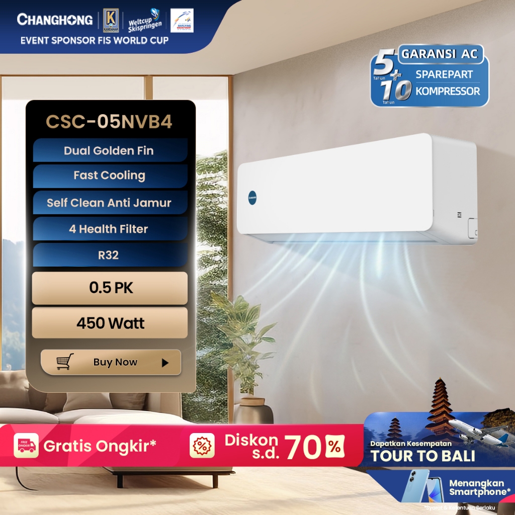 CHANGHONG AC 1/2 PK STANDARD CSC-05NVB4 [INDOOR + OUTDOOR UNIT ONLY] [FAST COOLING] [ECO MODE]