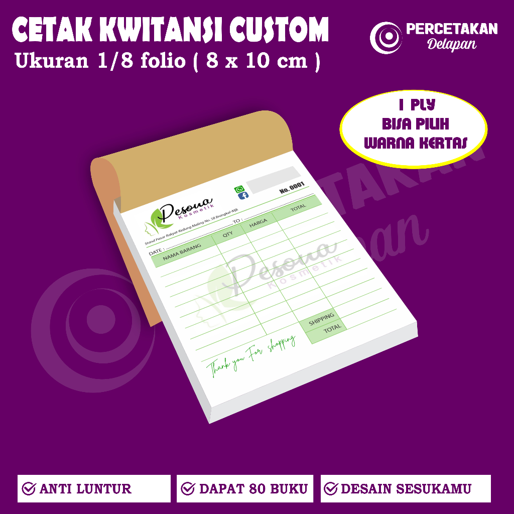 

cetak Kwitansi custom 1 ply 1/8 FOLIO / Paket 80 buku