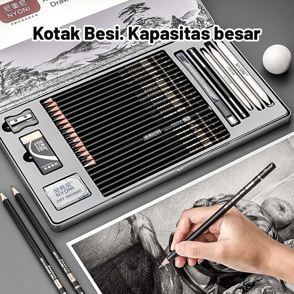 

Nyoni Drawing Pencil Gambar Set 29pcs Metal Tin Box Pensil Gambar Lukis Sketsa Lengkap Paket