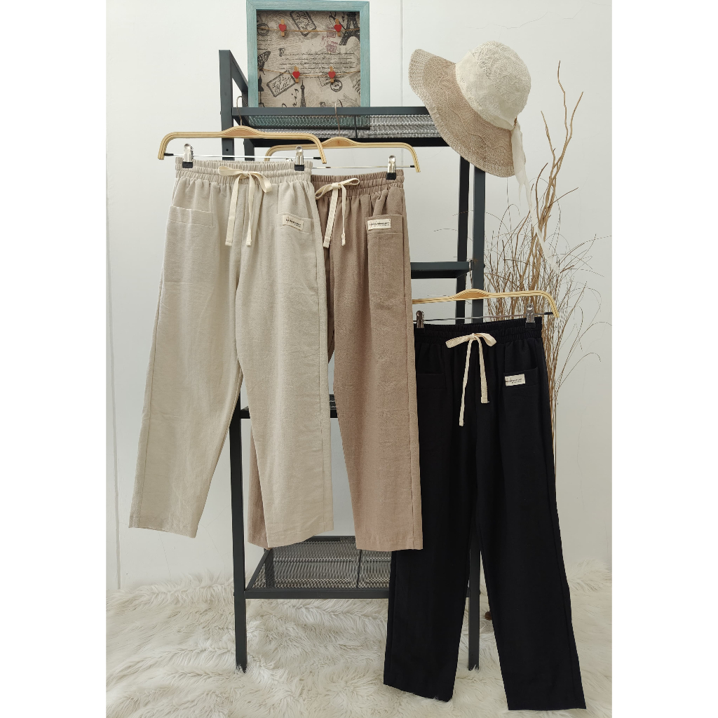Celana casual Linen 7/8 Elegan untuk Wanita Desain Modis & Nyaman tali piterband tidak gerah katun 1