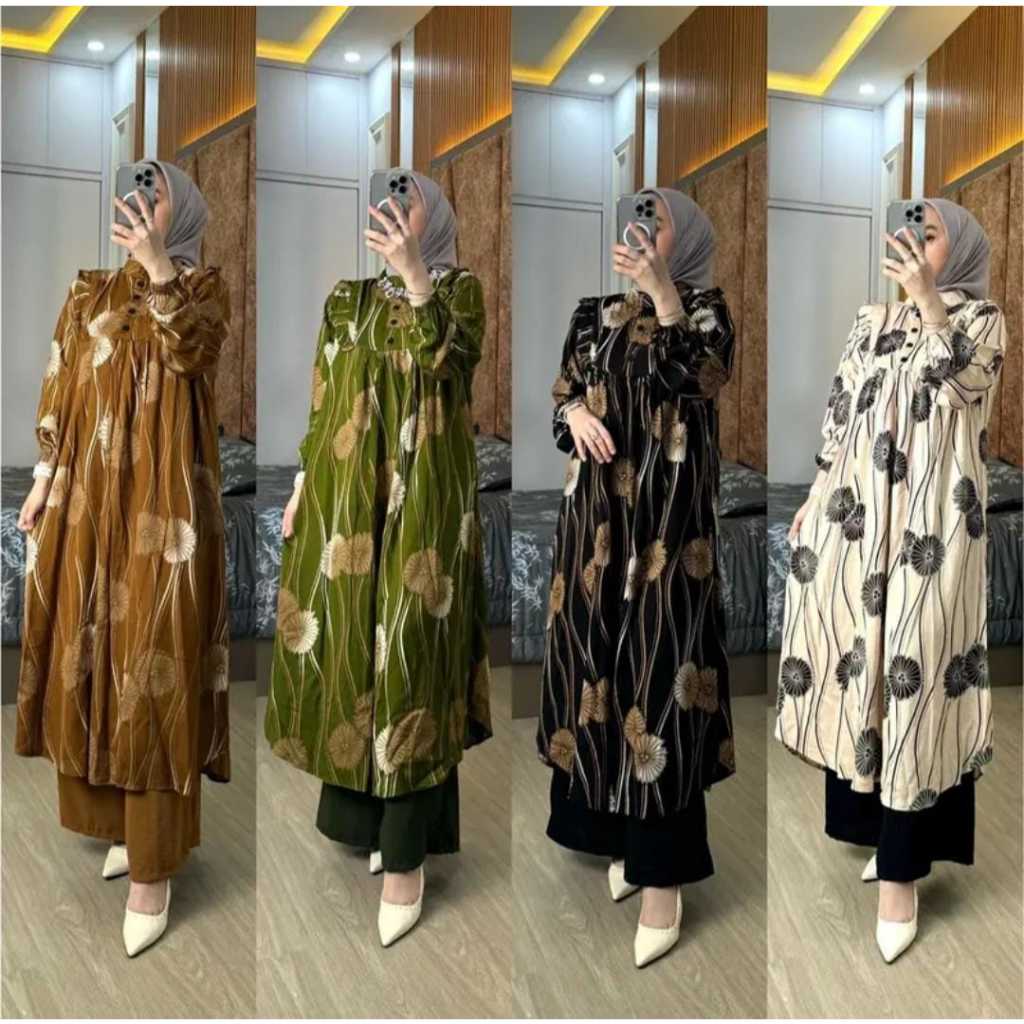 SETELAN MIDI KATUN MATAHARI MIX PANTS / ONESET SETELAN TUNIK RAYON PREMIUM MOTIF BUNGA