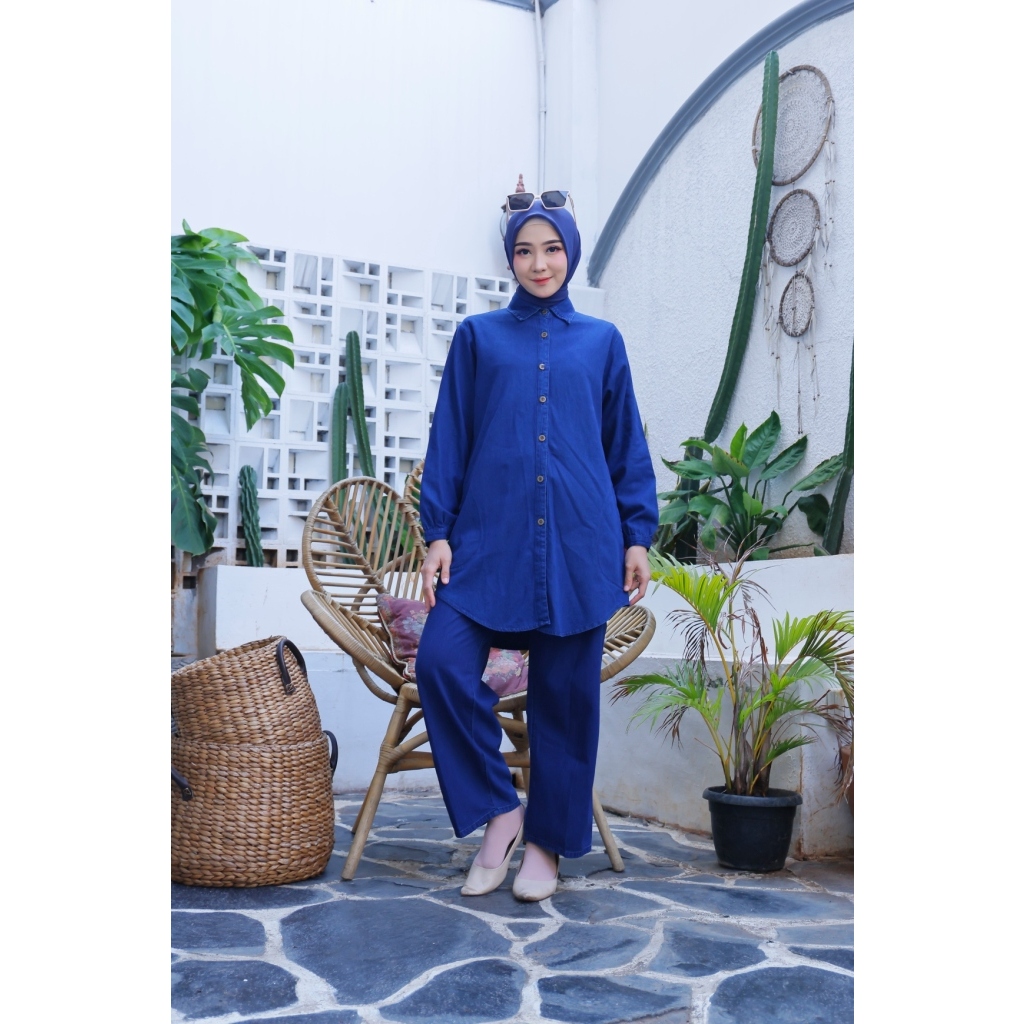 Lovilla fashion one set semi tunik jeans kerah kemeja kancing full ukuran m,l,xl,xxxl / one set jean