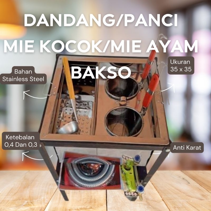 DANDANG/PANCI KOTAK MIE KOCOK BAKSO PLUS TUNGKU KOMPOR GAS STAINLESS STEEL UK 35X35 CM