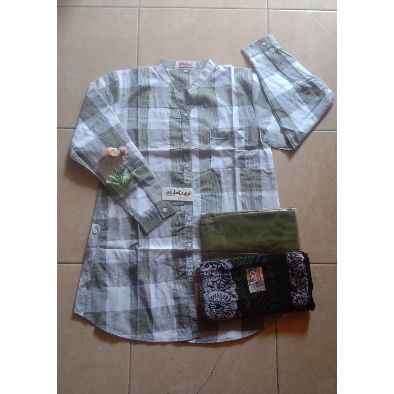 stelan santri putri tunik al latef/tunik kotak/baju/sarung/kerudung