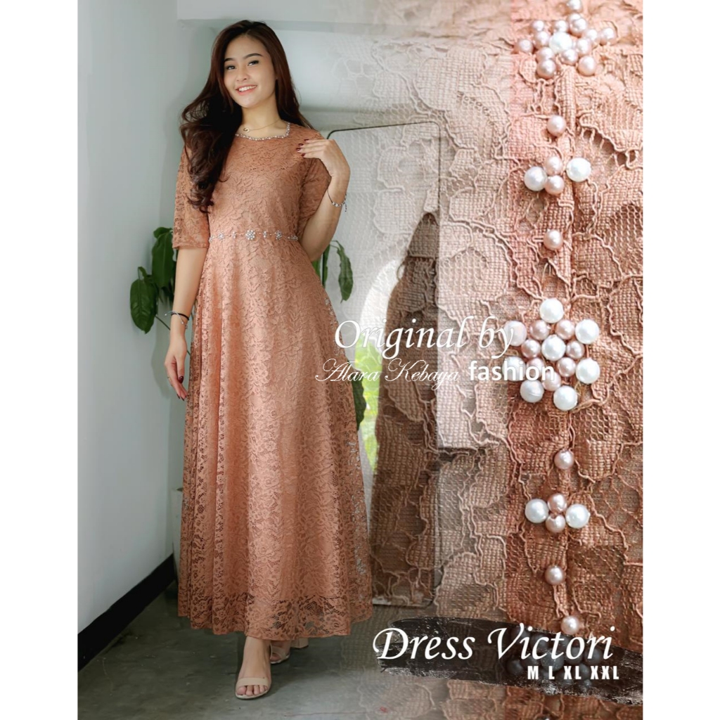 Long Dress Brukat Payet Mutiara Gamis Brokat Terbaru Pesta Kondangan Natal Wanita Modern Maxi Dress