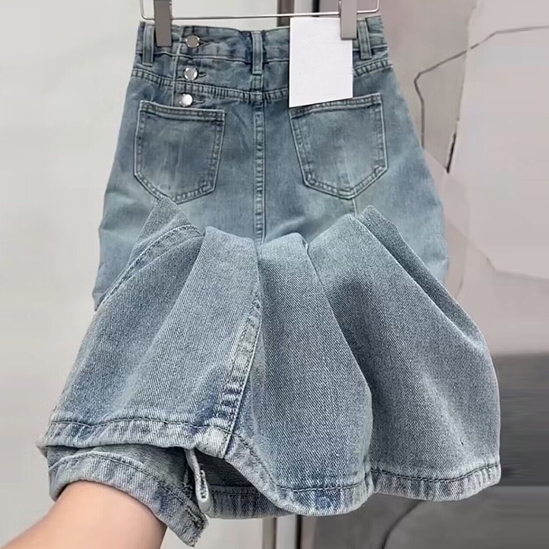 Rok Denim Wanita Pinggang Tinggi Belahan A-line Gaya Korea
