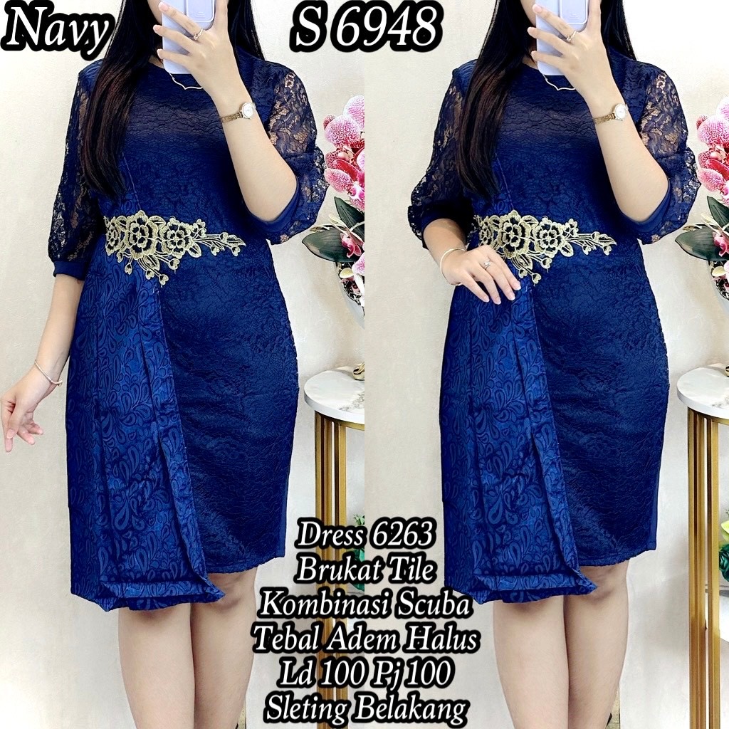 6948 Dress Span Brukat Tile Kombinasi Scuba Midi Wanita