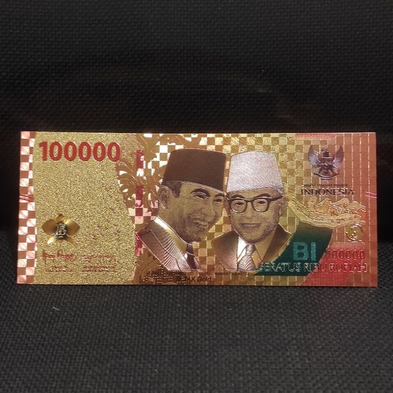 Souvenir Uang Emas Gold Foil Rp 100.000 Rupiah Indonesia