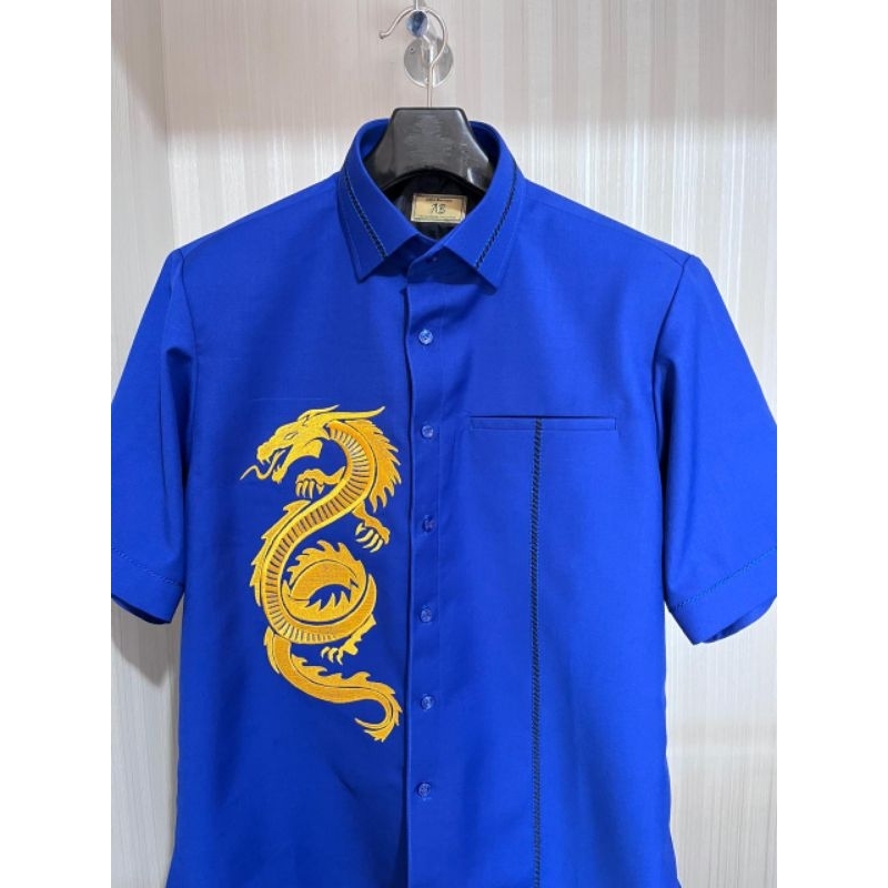 kemeja bordir naga , kemeja biru , kemeja pria premium variasi benang timbul