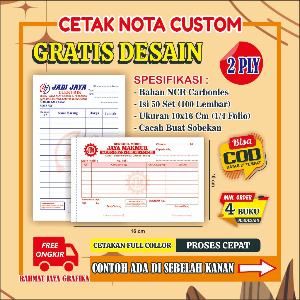 

PROMO CETAK NOTA CUSTOM 2 PLY ISI 100 LEMBAR (50 Set) PAKAI NAMA SENDIRI RAHMAT JAYA GRAFIKA